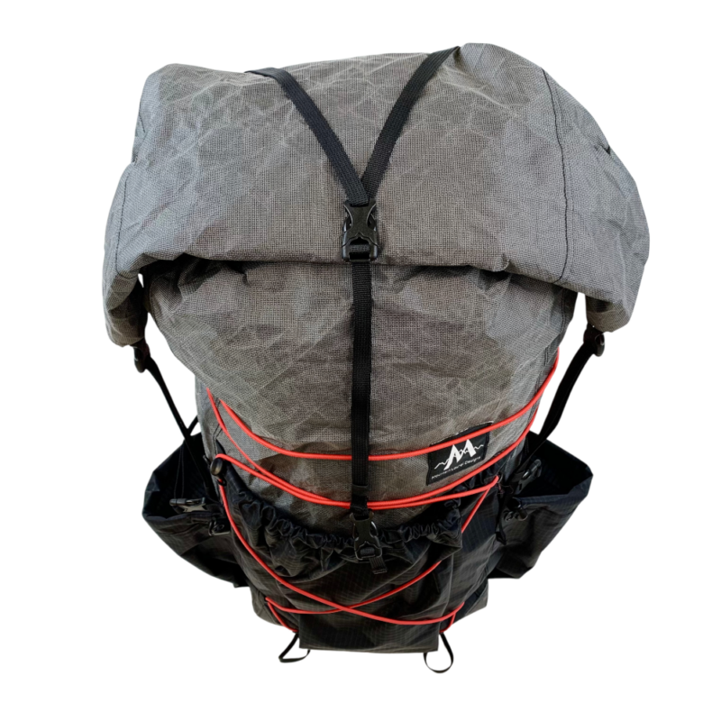 A top view of the Burn 36L pack showing the roll top and comperssion strap.