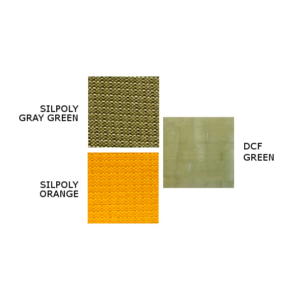 Images showing MLD Shelter Colors 2023: SilPoly in Grey Green, SilPoly in Orange Citrus, and Green DCF.