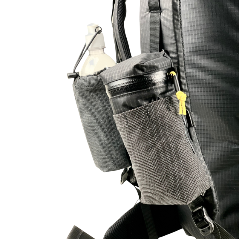 Bottle Pocket and Gear Pocket on Shoulder Straps. Gear pocket in foreground.