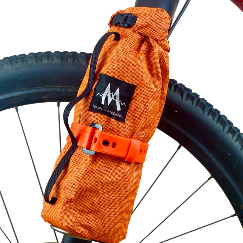 An image showing the Fork Dry Bags on the front forks of a mountain bike