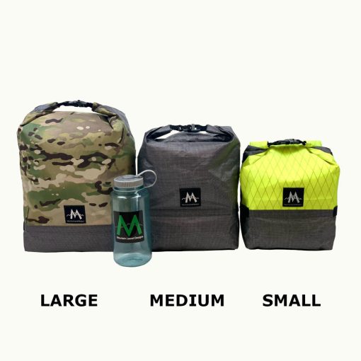 MLD Poco Paniers in Front View of Large, Medium, and Small with Water Bottle For Reference. Colors (left to Right: Camo, Gray, Hi Viz Flourescent.)