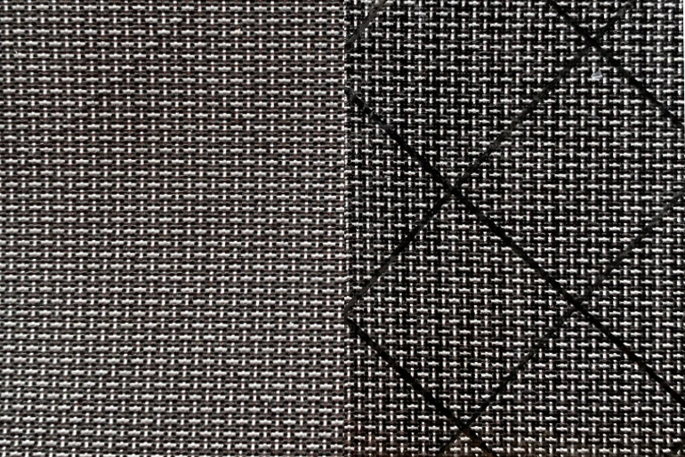 MLD Fabric: Image shows the outside woven face of the ULTRA X fabric on the left and the inside laminate face with the X ply grid on the right.