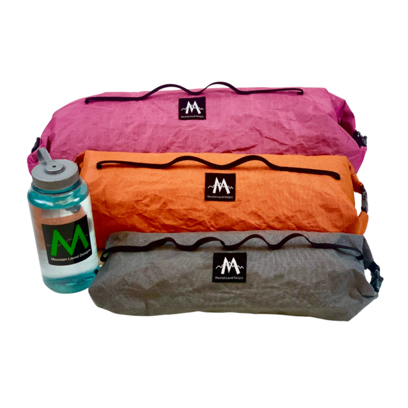 Double Ended Dry Bags image shows Small, Medium and Large sizes next to a water bottle for size reference