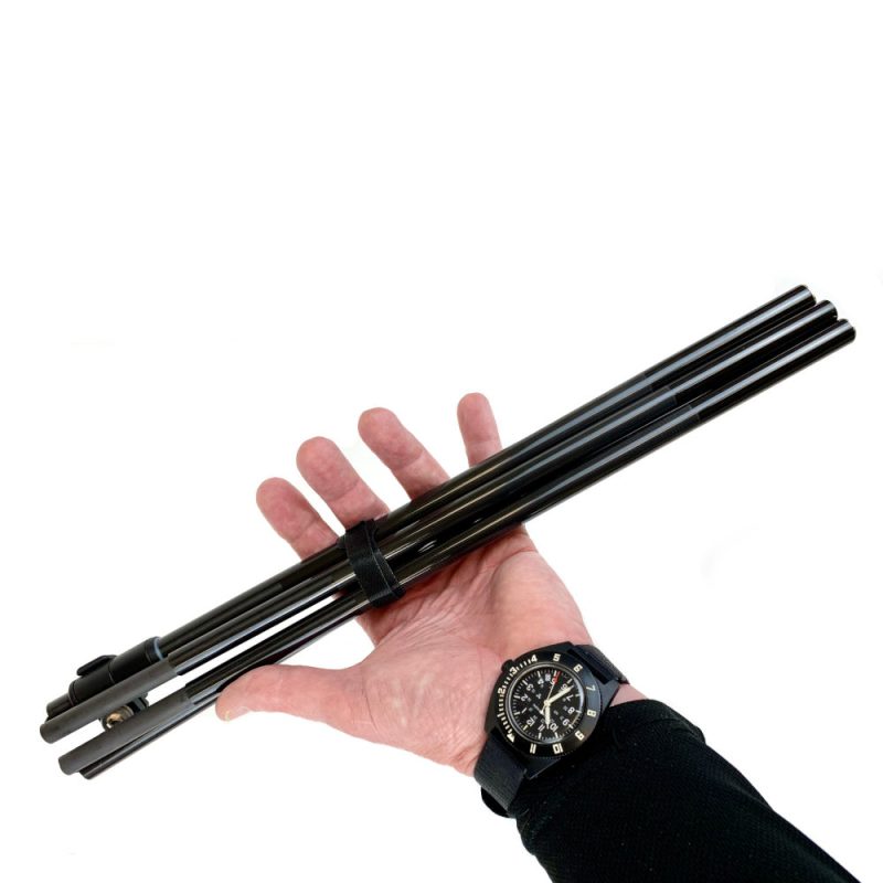 Photo of MLD Omni Camlock tent poles in a hand showing compact folded design.