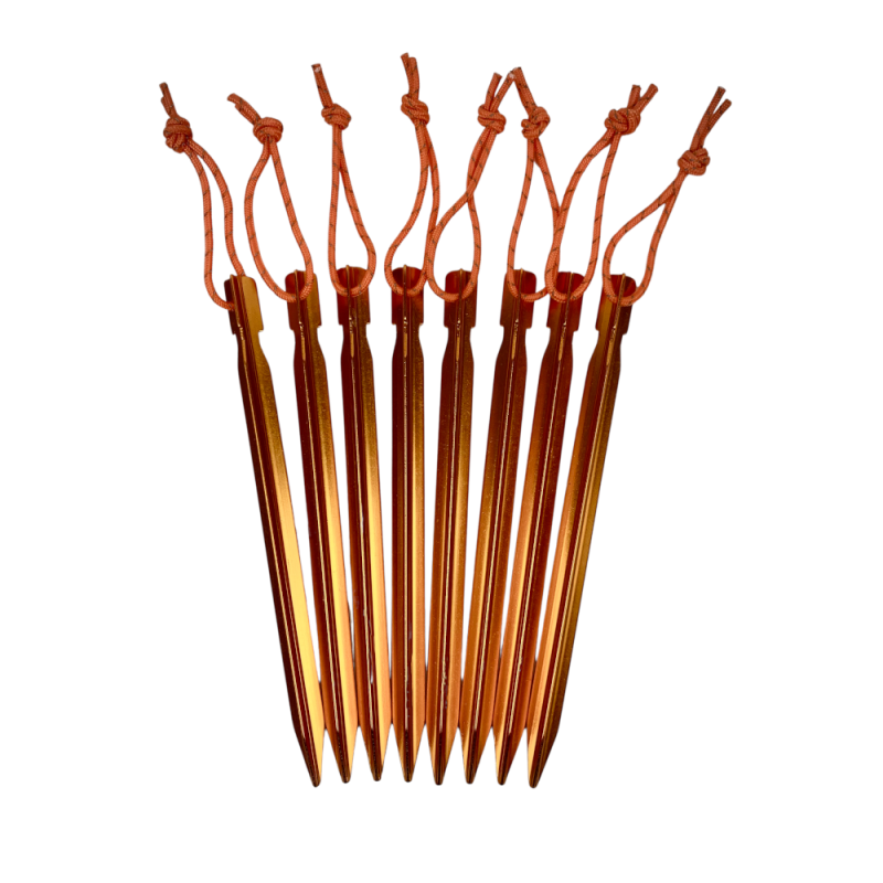 Eight MLD SMART'Y stakes. They are orange with reflective pull tabs.