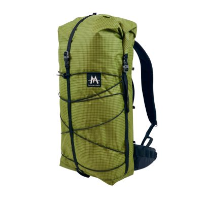 A 3/4 side view of the Super Core 38L backpack in Avocado Green Ultra Grid