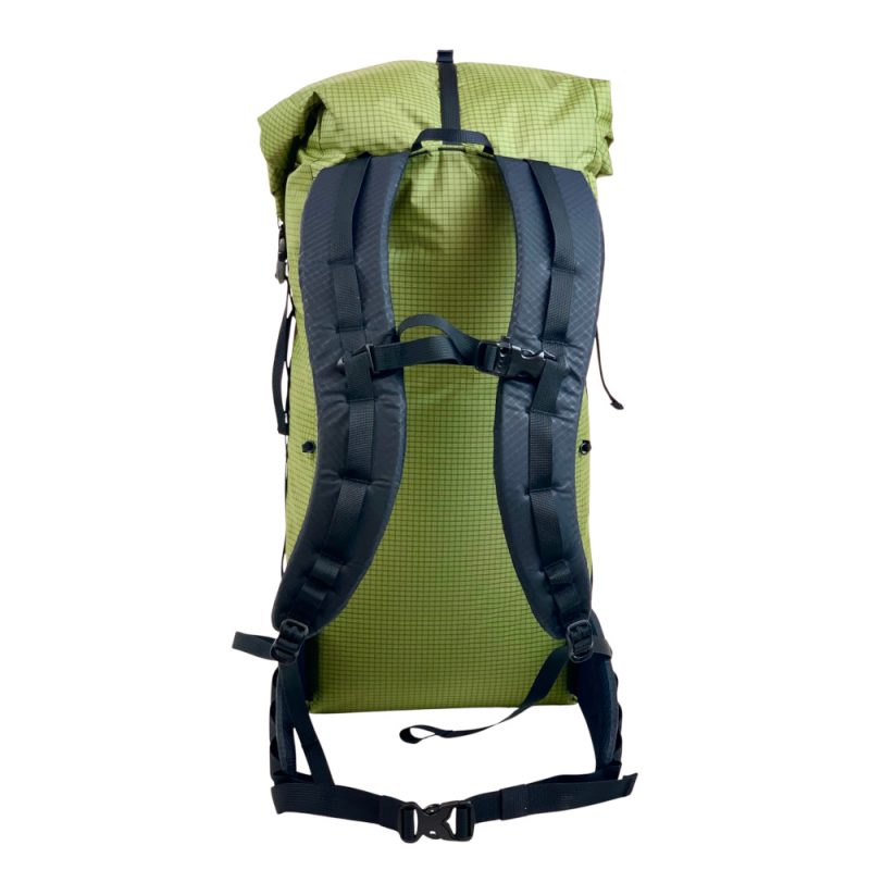 A back view of the Super Core 38L backpack in Avocado Green Ultra Grid