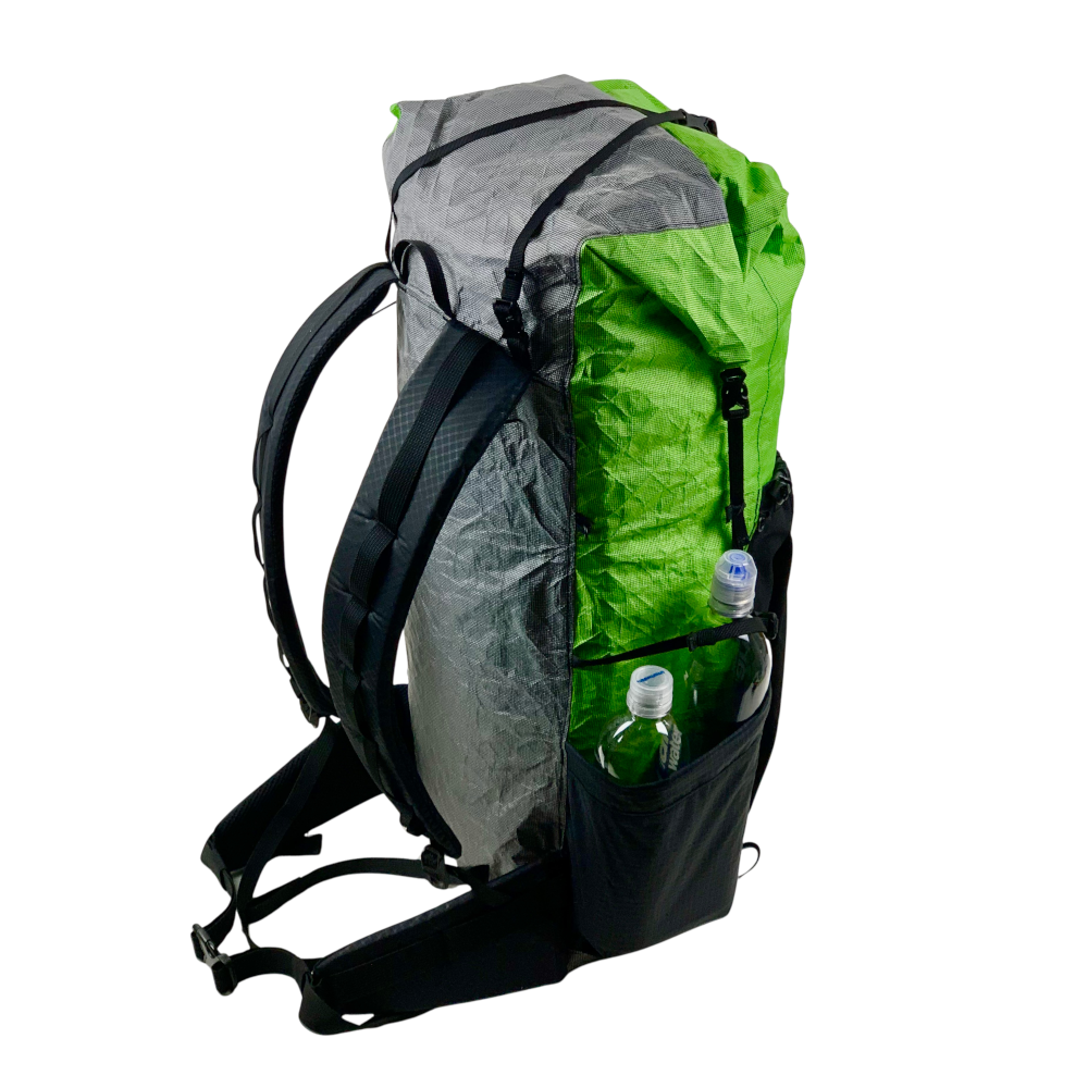 The back view of a Custom ULTRA X Pack in Lime and Gray Ultra with Black UltraStretch Mesh Pockets